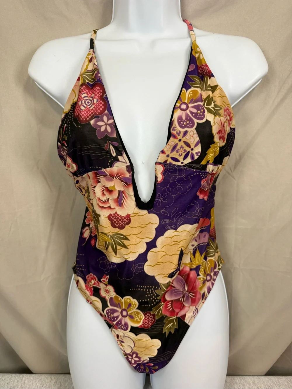 Zara Oriental Print Floral Halter One-Piece Swimsuit - Medium‎